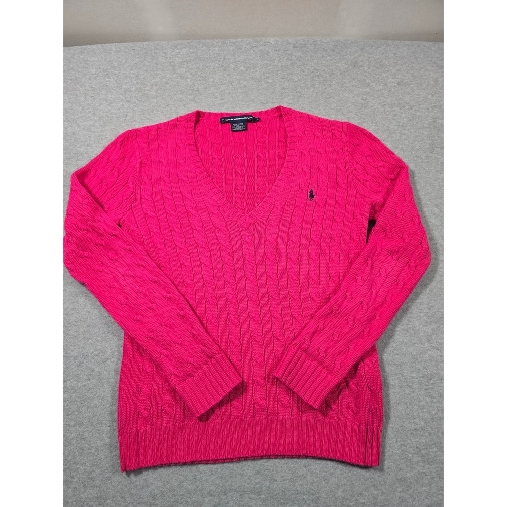 Ralph Lauren Sport Pink Cable Knit V-Neck Cotton Sweater Womens Large